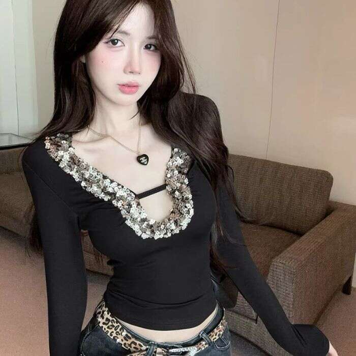 Heavy Sequin Sexy V-Neck Long Sleeve T-Shirt for Women, Autumn Design, Slim Fit, Hot Girl Short Base Shirt Top