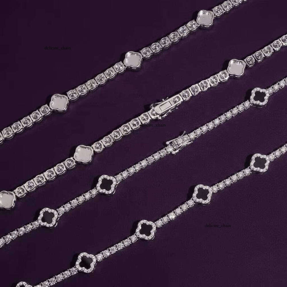 VVS Moissanite GRA 925 Sterling Silver 3mm 5mm Black Onyx Clover Tennis Chain Necklace Bracelet Fine Silicon Stone Jewelry