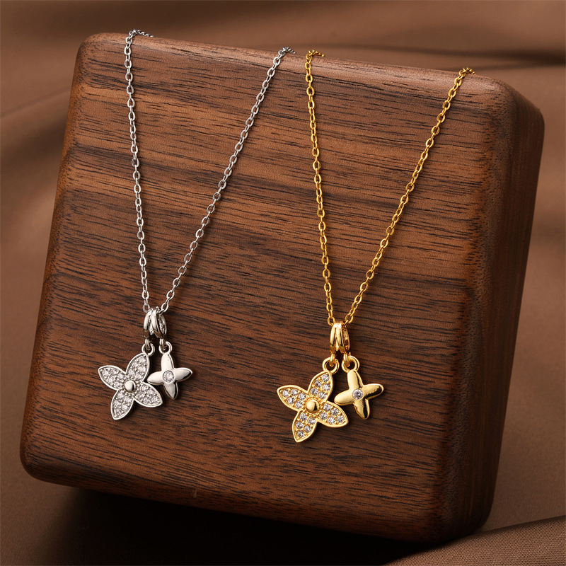 Luxury Brand Designer Jewelry Fashion Micro-Inlaid Double Four-Leaf Flower Pendant Titanium Steel Necklace For Women Real Gold Plating Color Retention