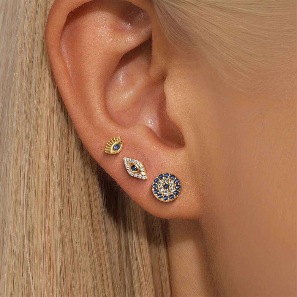 Aide Turkey Evil Eye Stud For Women Zircon Crystal Jewelry 925 Sterling Silver Punk Vintage Chain Earrings Female Gift