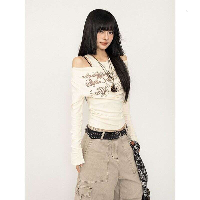 American Retro Print Off-Shoulder Long Sleeve T-Shirt for Women, Autumn New Style, Waist-Cinching Slimming Hot Girl Fake Two-Piece Top, Ins Style