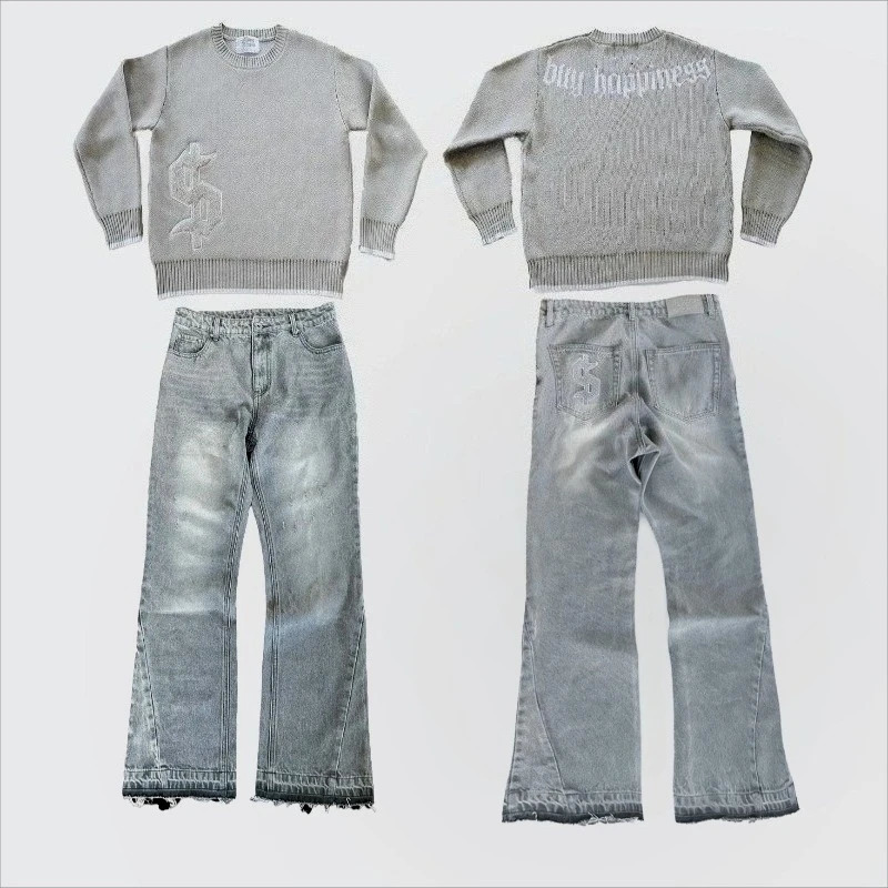2 pcs Set Y2K Autumn Winter Retro Knitted Sweater Jeans Suit Trendy Hip Hop Dollar Embroidery Streetwear Unisex Baggy 251230