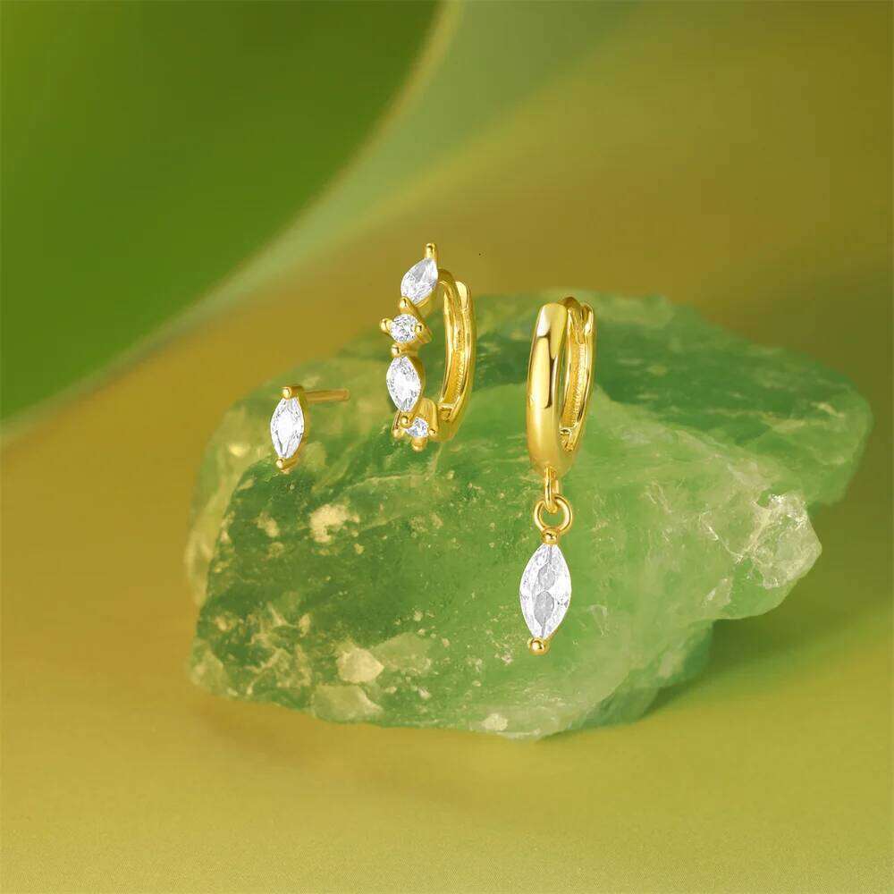 Aide 3pcs/ Set S925 Sterling Silver Leaf Clear Zircon Piercing Earrings for Women Gold Ear Buckles Jewelry Brincos Pendientes