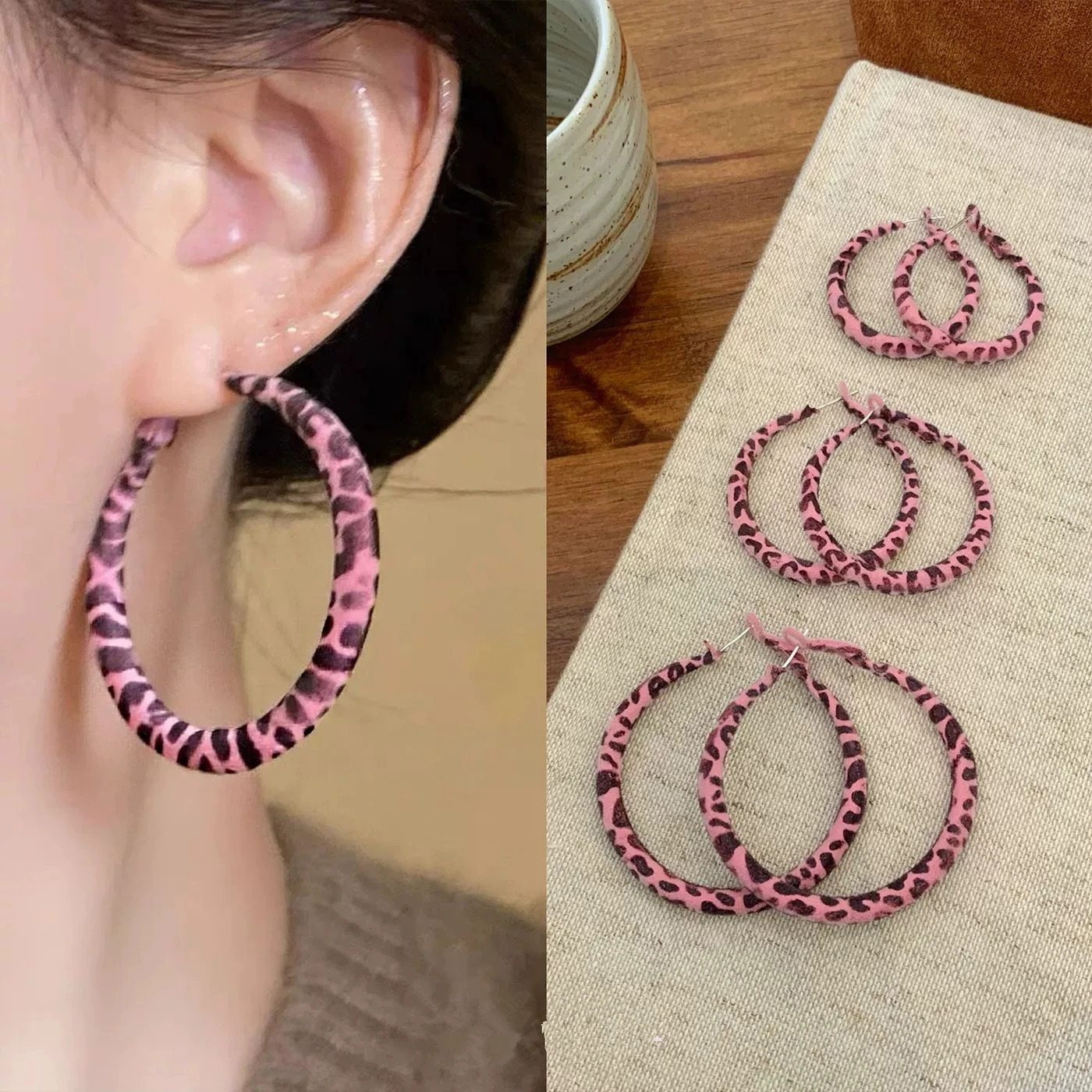 Trendy Y2K Charms Pink Plush Leopard Hoop Earrings For Women Korean Fashion Aesthetic Harajuku Sexy Accessories Jewelry Gift 251230