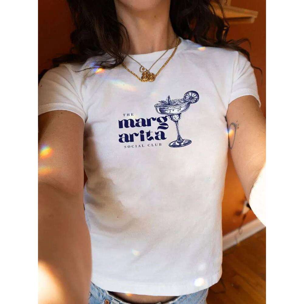 Y2K Summer Cocktail Martini Short Straight Shoulder Slim Fashion T-Shirt
