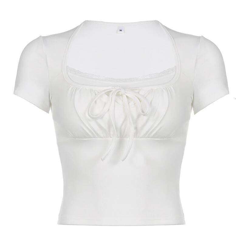 Casual White Knitted Lac Patched Female T-shirts Y2K Korean Style Slim Tie Up Shirring Summer Top Tee Folds Outfits