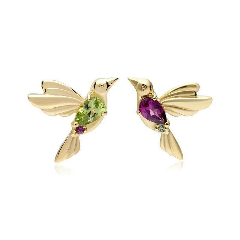 Aide 925 Sterling Silver Green Purple Cubic Zirconia Bird Stud For Women Vintage 18K Gold Plated Mismatched Earrings