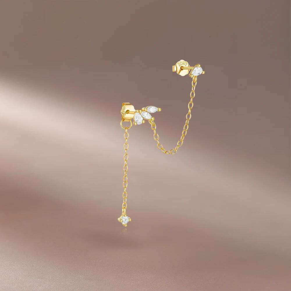 Aide Double Hole Link Chain Square Ear Stud for Women 925 Sterling Silver Flower Cartilage Piercing Earrings Jewelry