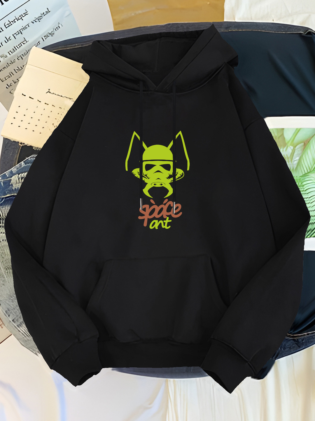 Men's Space Ant Graphic Hoodie - Black Soft Polyester Blend Pullover with Front Pocket, Casual Long Sleeve Sweatshirt for Winter, Astronaut Print