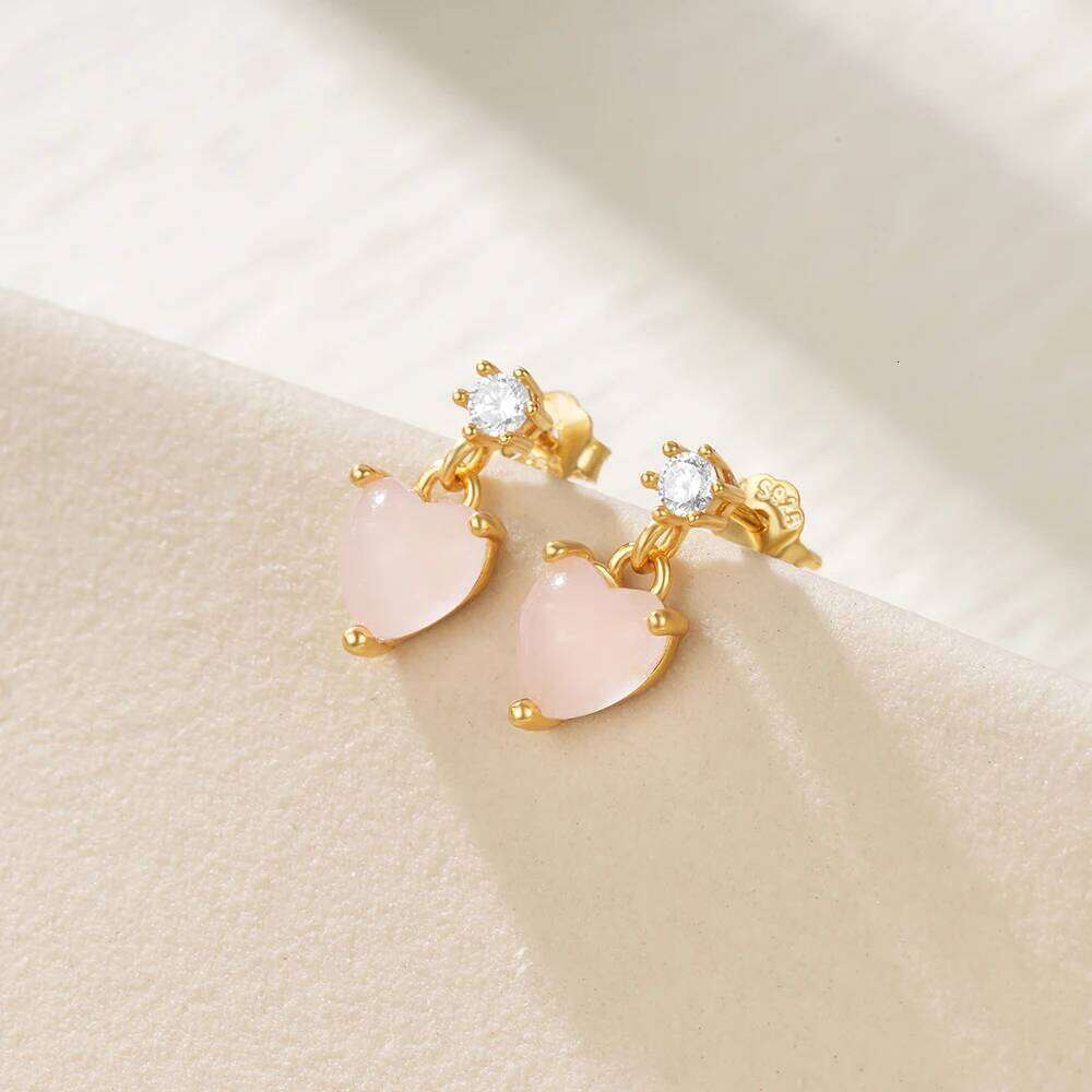 Aide 925 Sterling Silver Sweet Cute Pink Heart Dangle Stud Earrings For Women K Gold Plated Simple Elegant Jewelry Party Gift