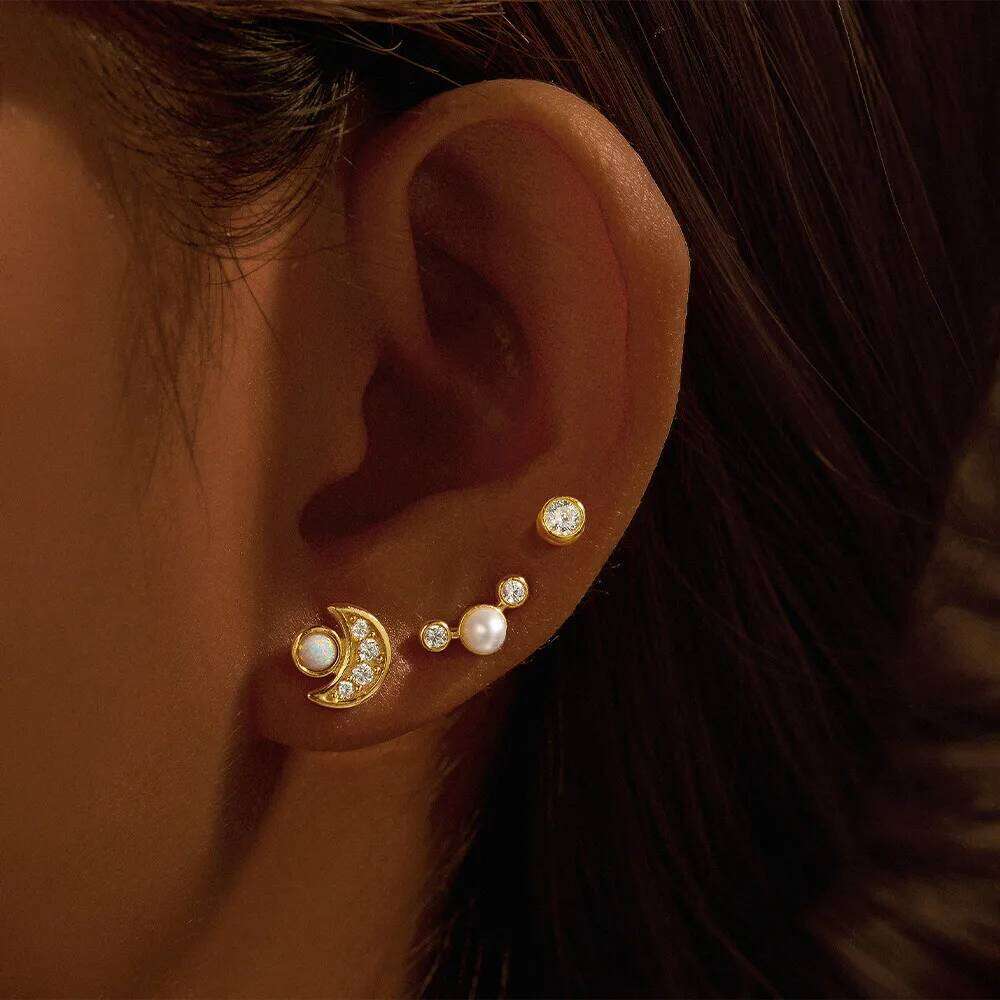 Aide 925 Sterling Silver 3pcs Set Moon Inlaid Zircon With Pearl Piercing Stud Earrings For Women K Gold Bohemian Elegant Jewelry
