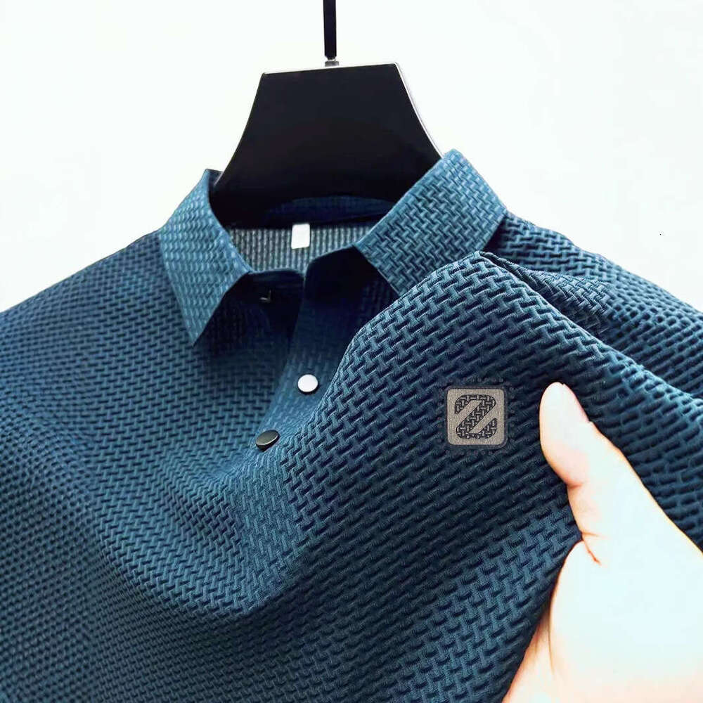 European and American INS Cross-Border High-End Mesh Ice Silk Short Sleeve T-Shirt Men's Shirt Collar Summer Solid Color Polo Breathable Lightwei