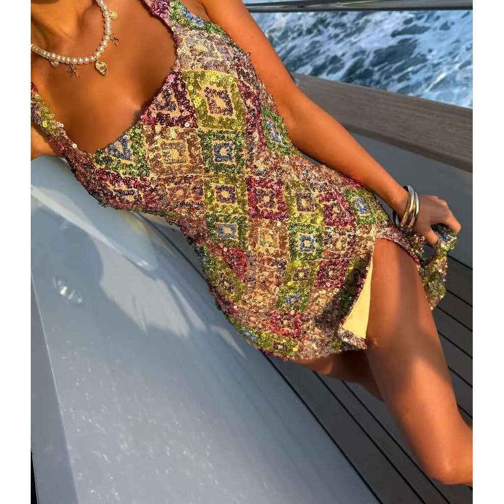 2026 European and American Spring Summer Fashion New Cross-Border Colorful Diamond Pattern Sequin Slit Bodycon Sexy Dress Wholesale