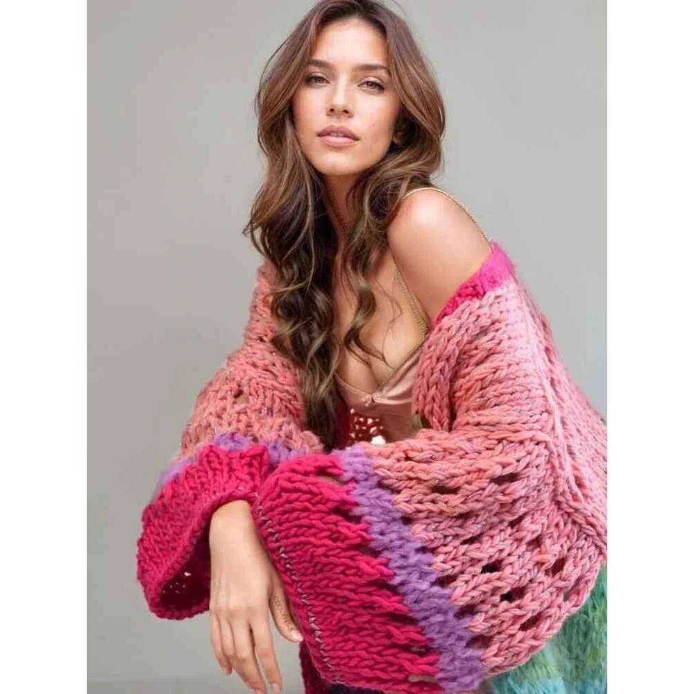Boho Colorful 2026 Designer Fashion Luxuriously Handknit Bell Sleeve Crochet Loose Kimono Cardigan Women Fall Winter Coat Beach Coverup Dress K12