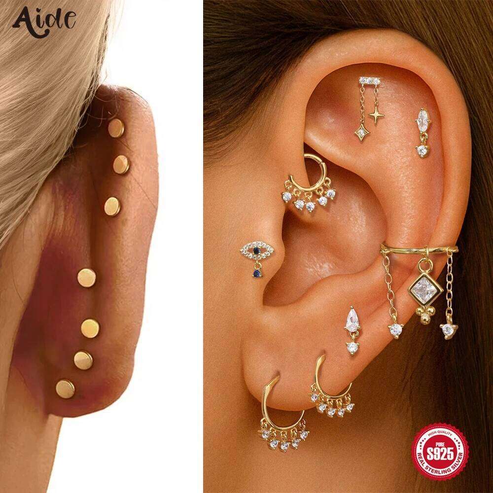 Aide 1PC Nature Style Threaded Puncture Ear Bone Nail 925 Sterling Silver Tassel Geometric Zircon Piercing Earring Studs Jewelry