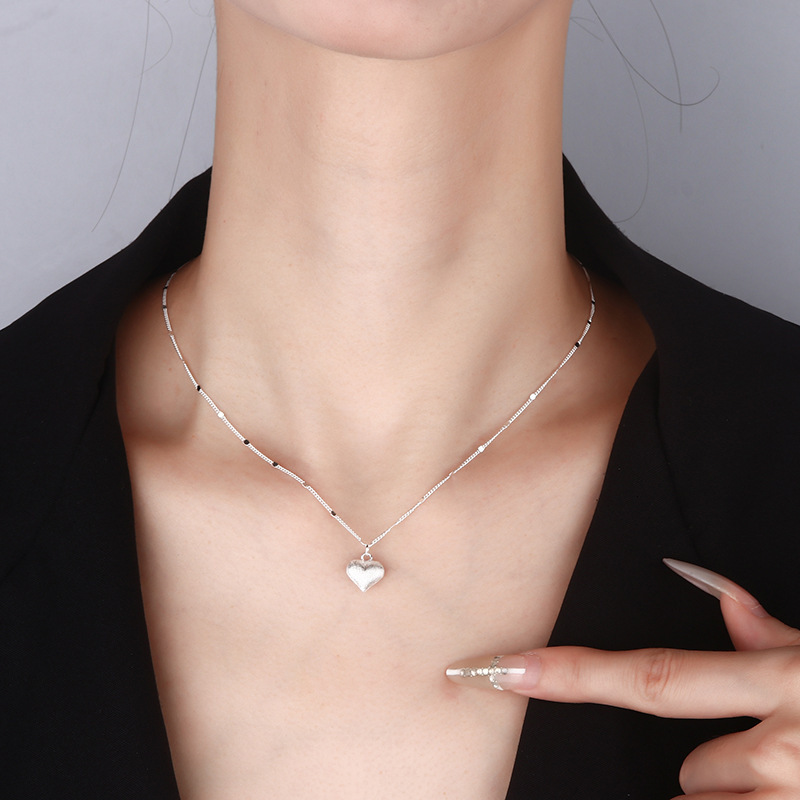 S925 Sterling Silver Brushed Heart Necklace for Women Versatile Personality Niche Light Luxury High-end Heart-shaped Pendant Collarbone Chain