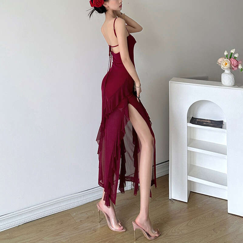 2026 Summer New Fashion Sexy Ruffled Hem Patchwork Elegant Slit Dress for Women