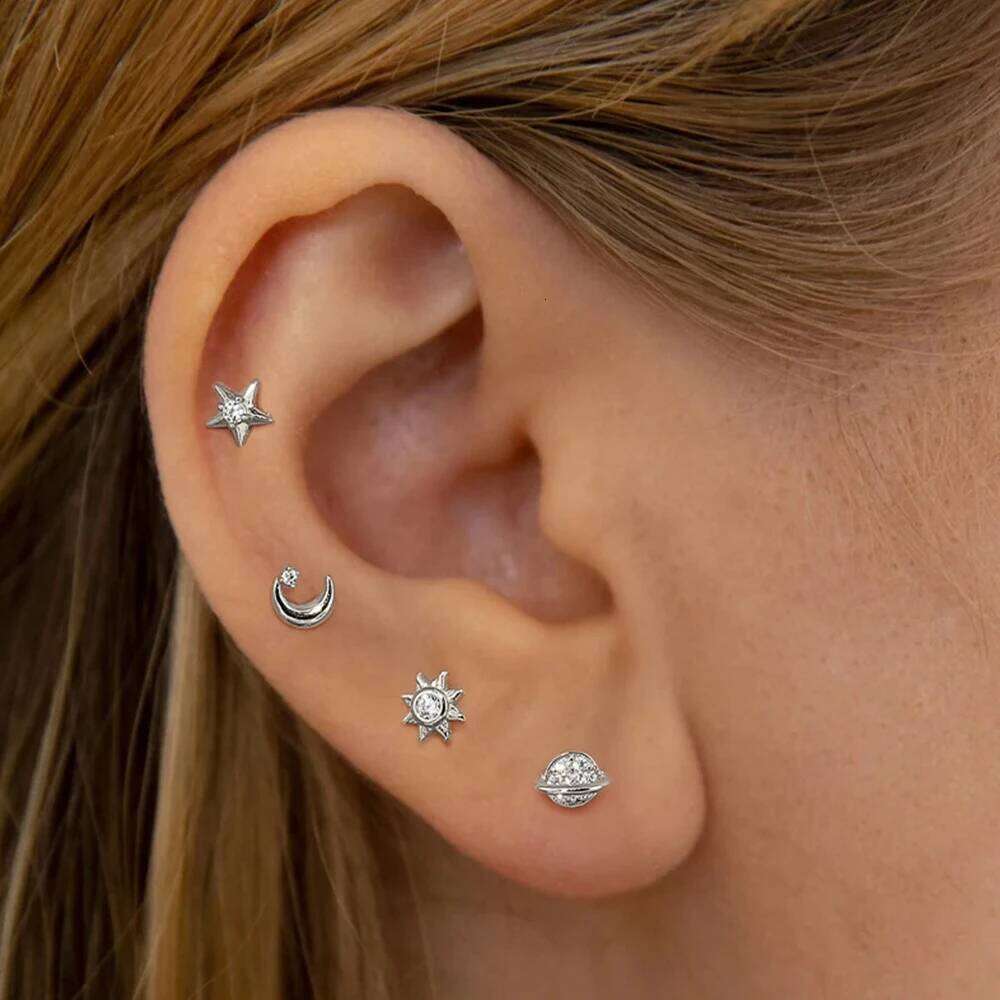 Aide 4pcs Geometric 925 Sterling Silver Earring Set Simple Shiny Star Moon Zircon DIY Mixed Earrings For Women Fine Jewelry