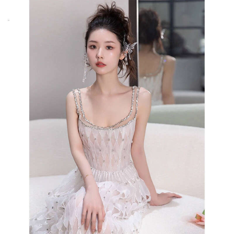 Light Wedding Heavy Craft Spaghetti Strap High End French Super Fairy Morning Gown Going Out Gauze Sequin Celebrity Same Style Banquet Dress Women S L