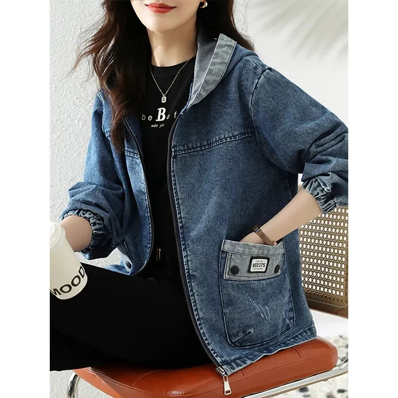Women Denim Jacket Spring Autumn Long Sleeve Tops Female Casual Hooded Jeans Jackets Big pocket Cowgirl Outerwear 251229