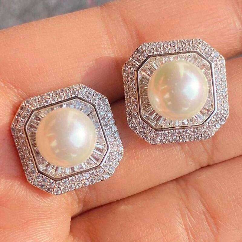 Huitan Gorgeous Square Shaped Stud Earrings with Imitation Pearl Full Sparkling Cubic Zircon Wedding Party Luxury Trendy Jewelry