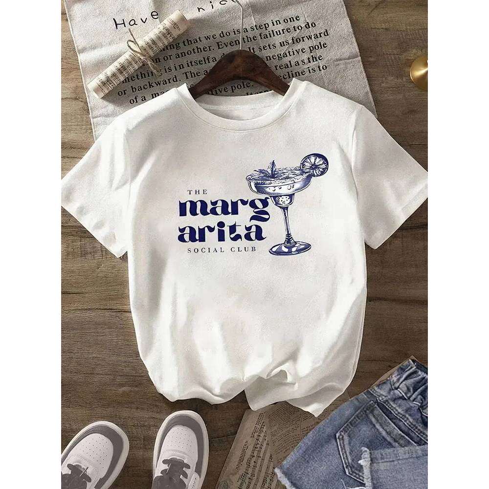 Y2K Summer Cocktail Martini Short Straight Shoulder Slim Fashion T-Shirt