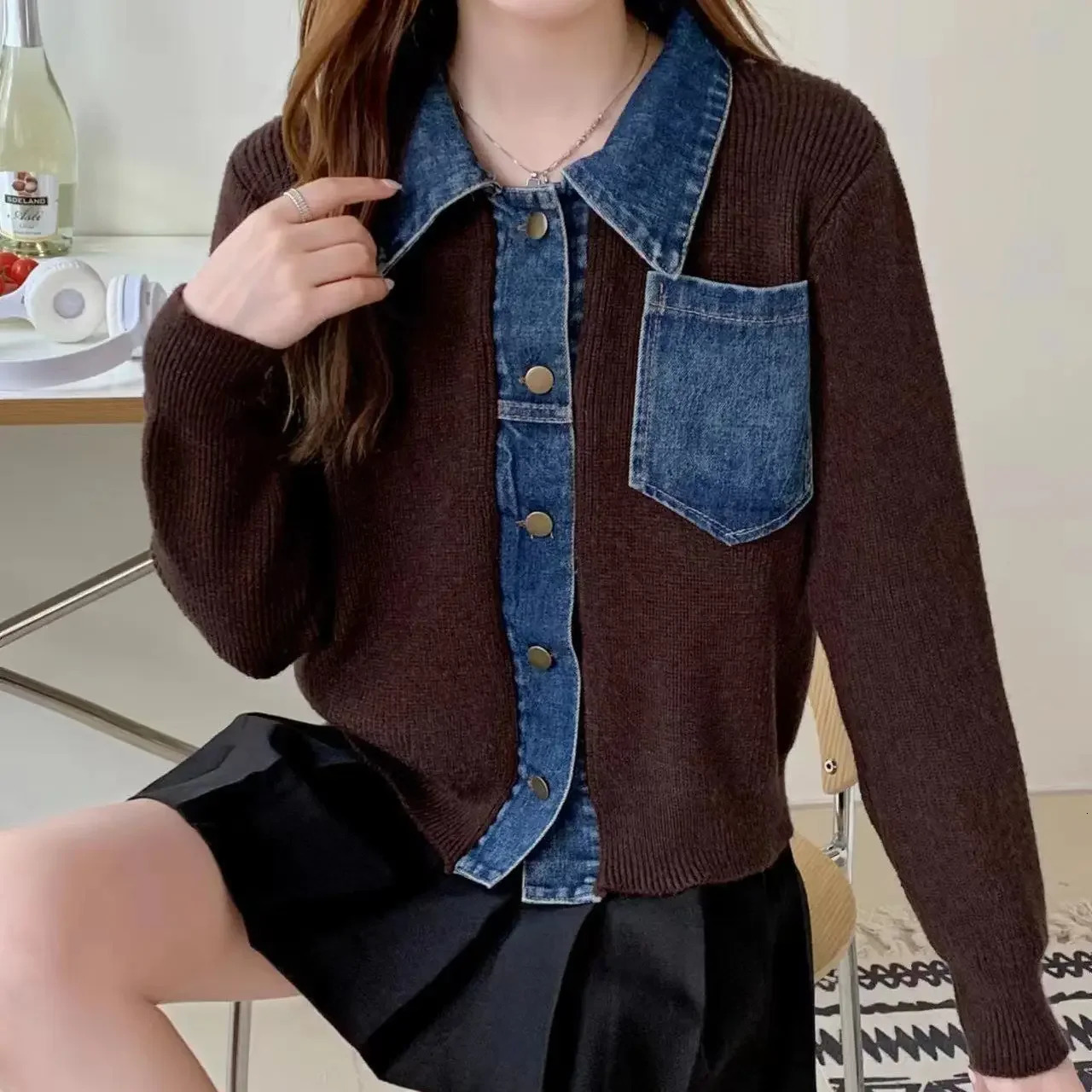 Small Spring Autumn Outerwears Female Jeans Coat Short Black Patchwork Crop Womens Denim Jackets Knitted Collection In 251229