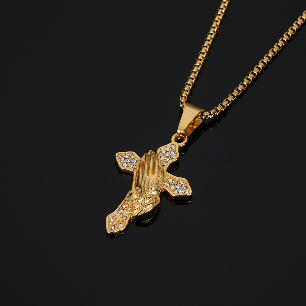 Luxury Brand Designer Jewelry Jewelry Source Manufacturer European And American Classic Retro Prayer Hands Cross Titanium Steel Gold-Plated Pendant In