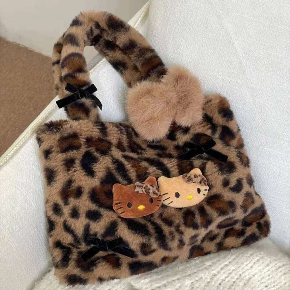 Leopard Print Hello Kitty Handbag Cute Retro Commuting Bag Cartoon Anime Peripheral Fashion Girl Birthday Gift Versatile Leisure