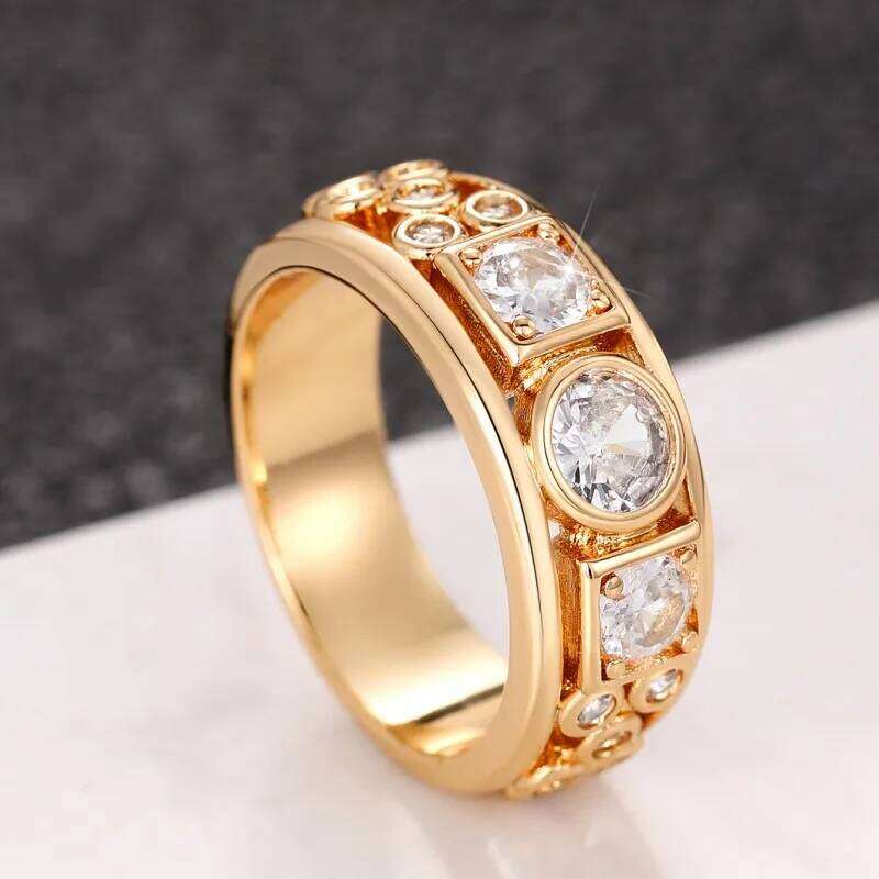 Huitan Geometric CZ Gold Color Rings for Women Fashion Versatile Design Wedding Bands Accessories Party Modern Statement Jewelry