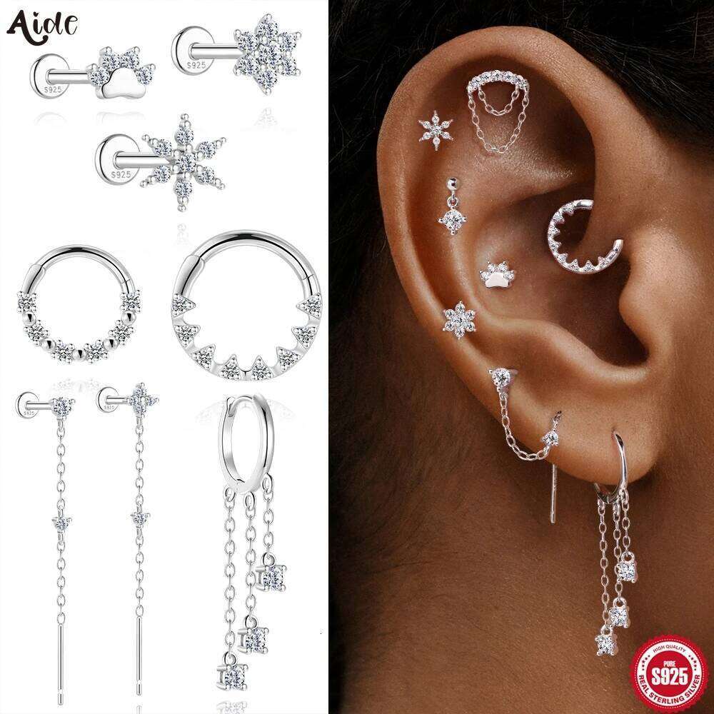 Aide S925 Sterling Moissanite Snowflake Piercing Earrings Chain Dangle Studs Silver Color Earring for Layered Ear Jewelry