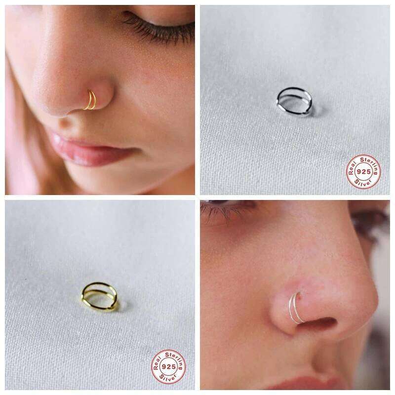 Aide 925 Sterling Silver Double Circle Nose Rings For Women Girls Small Open Hoop Ring Type Piercing Cartilage Stud Body Jewelry
