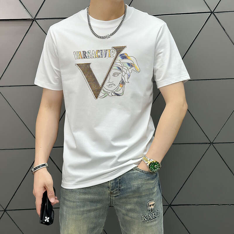 Real Shot Summer New European Style Letter Heat-Printed Short Sleeve Men's Slim Fit T-Shirt