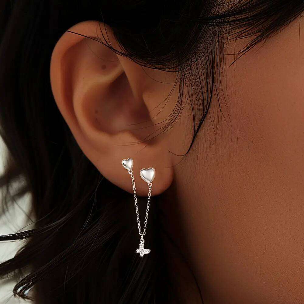 Aide 1pc 925 Sterling Silver Cross & Heart With Chain Two Stud Earrings For Women Hypoallergic Elegant Piercing Easter Jewelry