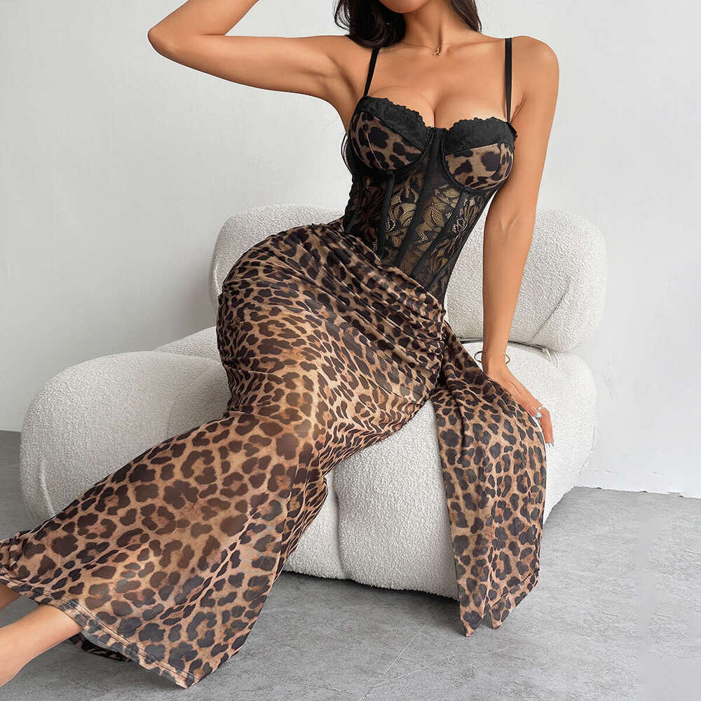 Cross-Border New Style European and American Leopard Print Wrap Chest Sexy Lace Slim Fit Strap Dress for Women 968