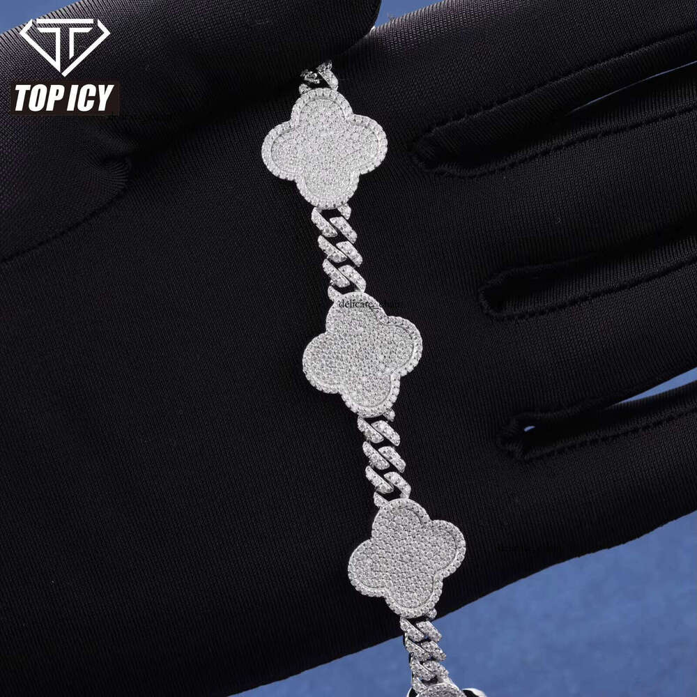 Fashion 16mm Clover Bracelet Full Diamond VVS D Moissanite 925 Sterling Silver Bangle Iced Out Hip Hop Jewelry