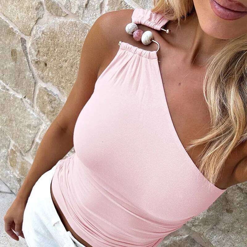 2025 Summer New Women's Clothing European and American Single Shoulder Bead Decorative Umbilical Tank T-shirt Top