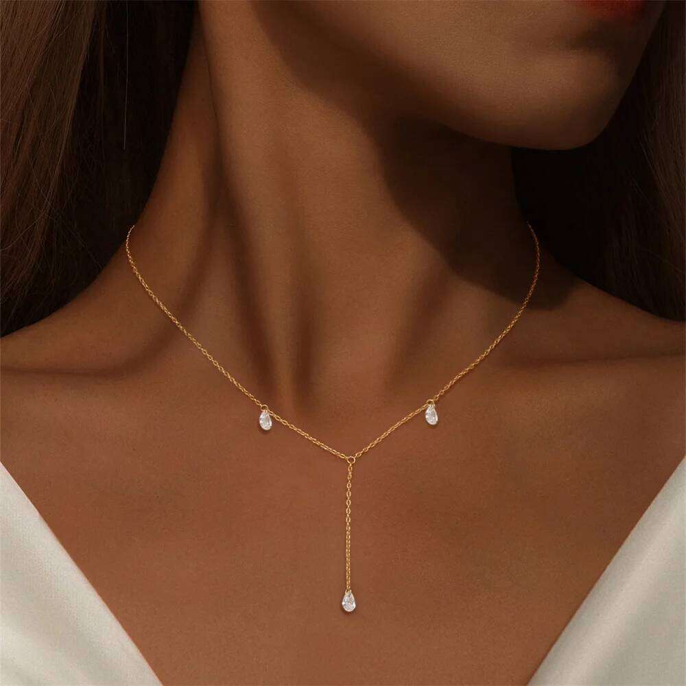 Aide 925 Sterling Silver Gold Color Zircon Pendant Necklaces for Women Long Tassel Design Clavicle Chains Necklace Collares