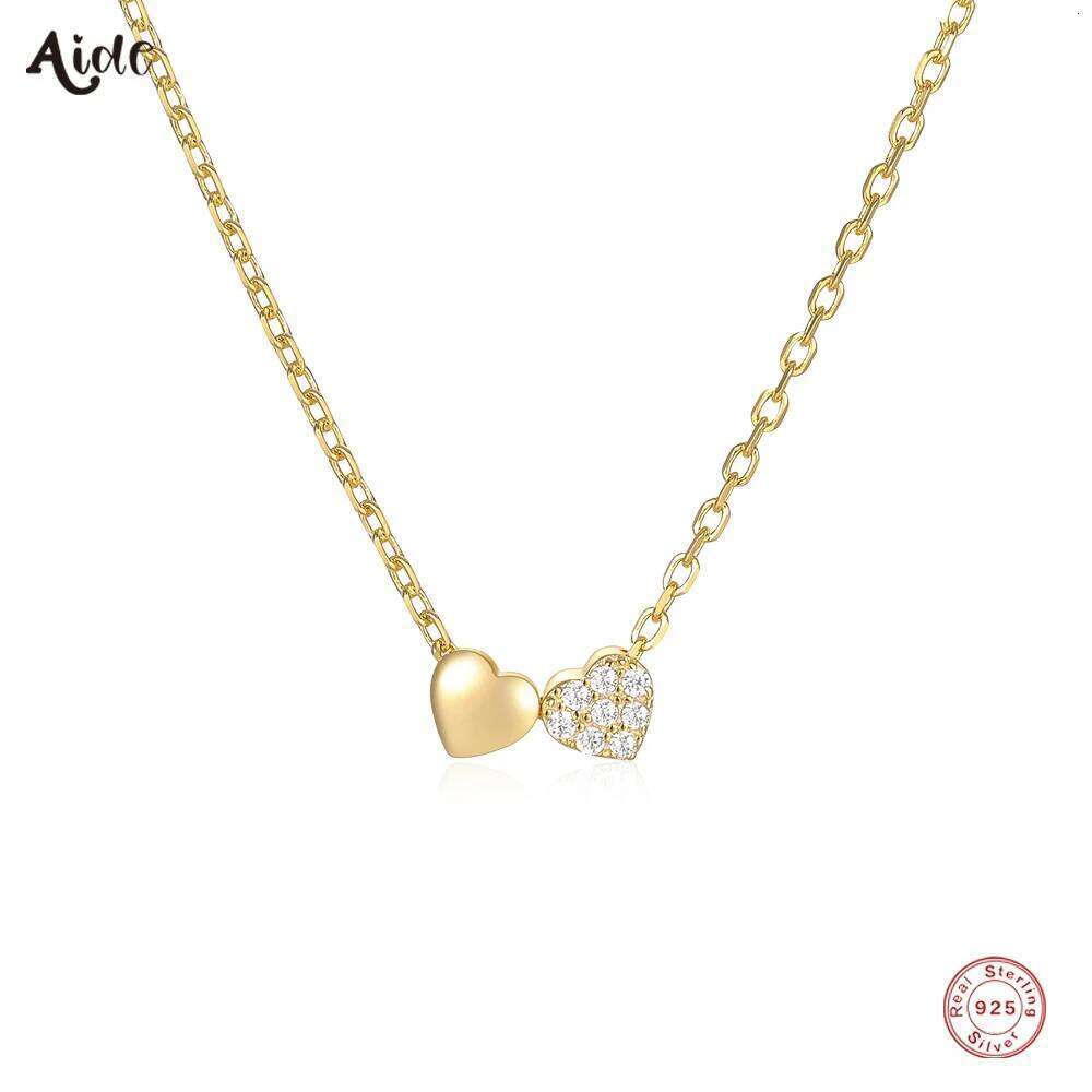 Aide 925 Sterling Silver Cute Smooth CZ Zircon Double Hearts Charm Necklaces For Women Clavicle Choker Valentine's gift for her