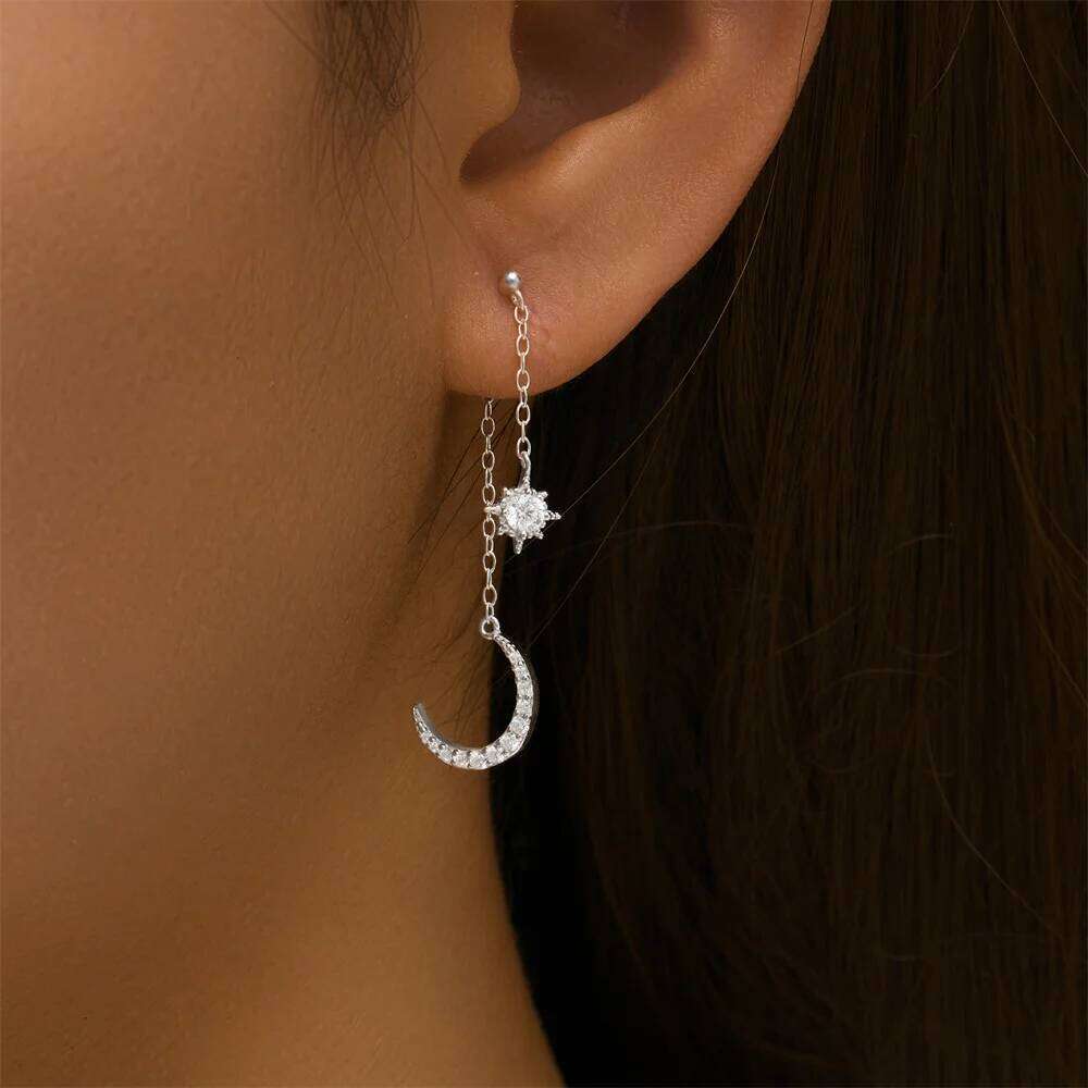 Aide 925 Sterling CZ Star Moon Asymmetric Hoop Earrings for Women Girls Silver Christmas Party Jewelry Gifts