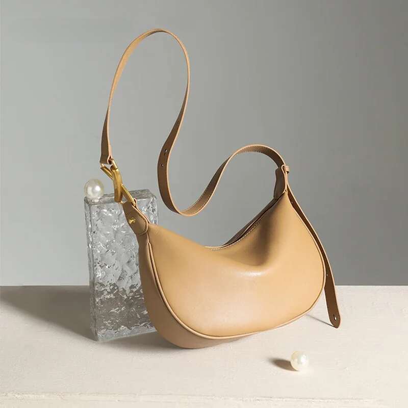 Cowhide Genuine Leather Bag Women S Hobos Sac Soft Shoulder Messenger Bags For Women Wide Female Half Moon Purse And Handbags JINXIANGGUO TOTE