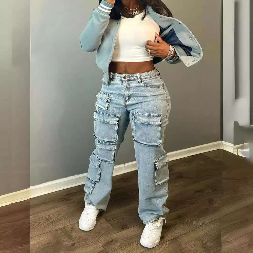 New European And American Women's Fashion Sexy Street Trendy Three-Dimensional Multi-Pocket Cargo Style High Elasticity Denim Straight-Leg Pants 