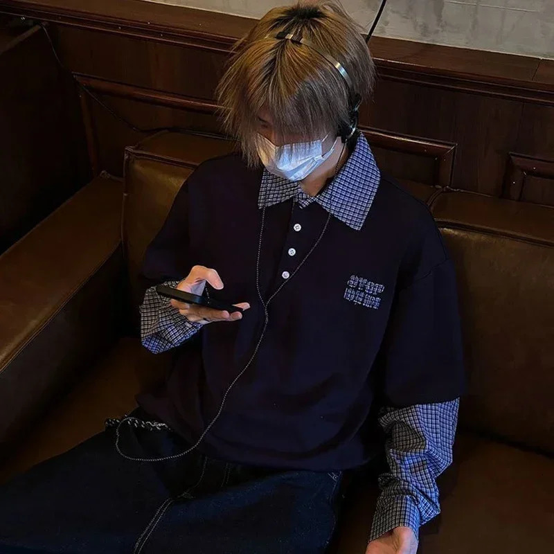 Autumn Retro Loose American Two-piece POLO Shirt Long-sleeved T-shirt Mens Versatile Fashion Couple Splicing Shirt Chic 251230