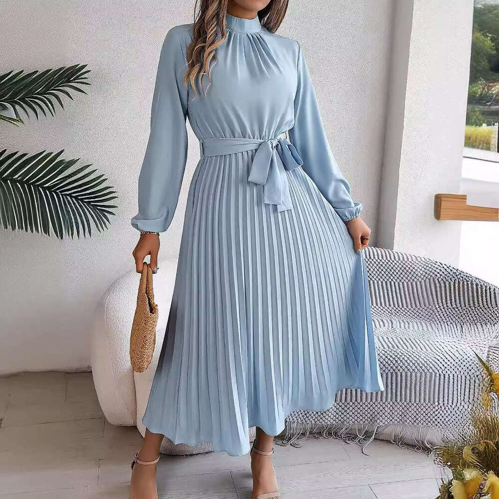 2026 European and American Autumn Winter Elegant Stand Collar Sleeve Waist Pleated Long Dress Small Gown Cross-Border Women's Fashion