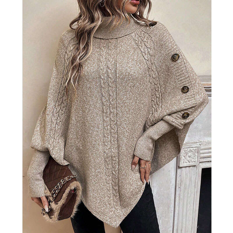 European And American Autumn Winter New Sweater Women's Clothing Amazon Cross-Border Knitted Fashion Cable Knit High Neck Button Batwing Sleeve T