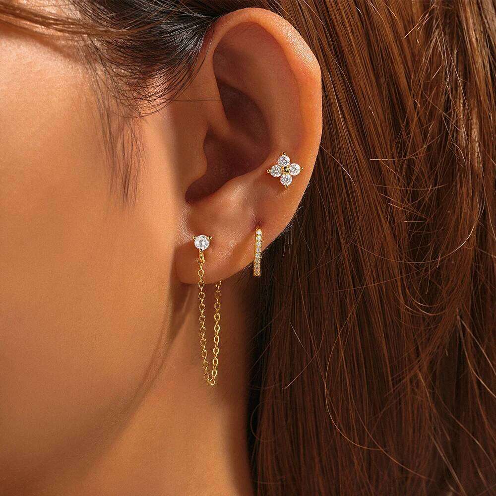 Aide 925 Sterling Silver 3pcs Set Flower Zircon Two Stud K Gold Chain Tassel Piercing Earrings For Women Luxury Jewelry Gift