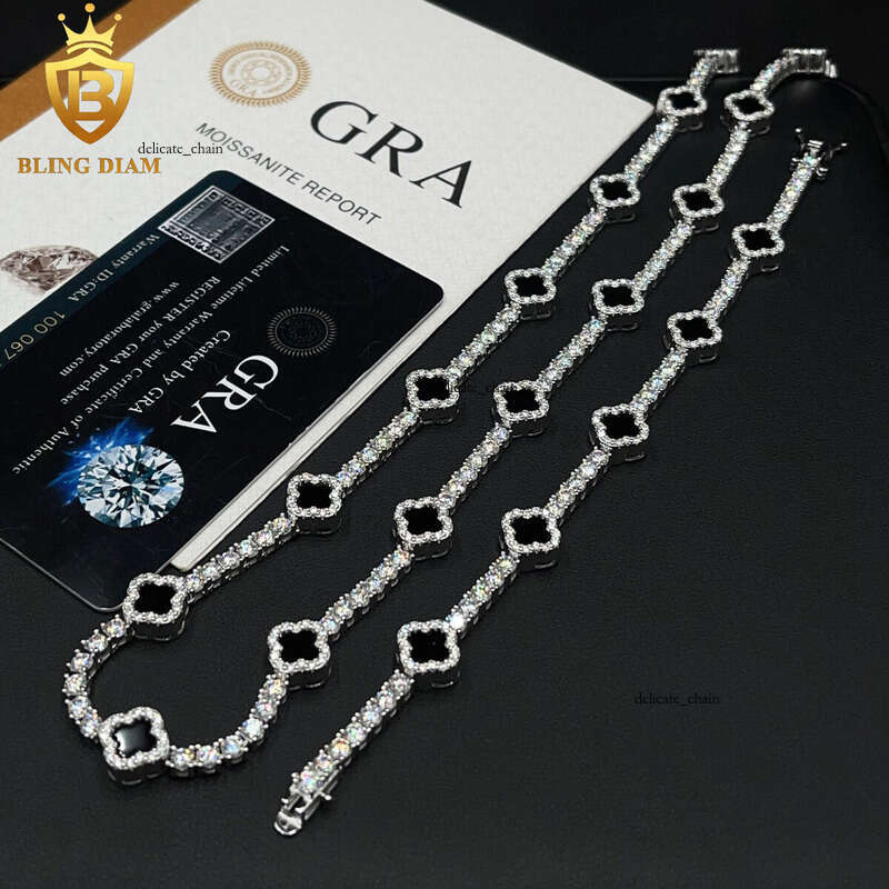 VVS Moissanite Little Black Clover 3mm New Design 925 Silver VVS Silicon Stone Tester Tennis Bracelet Necklace