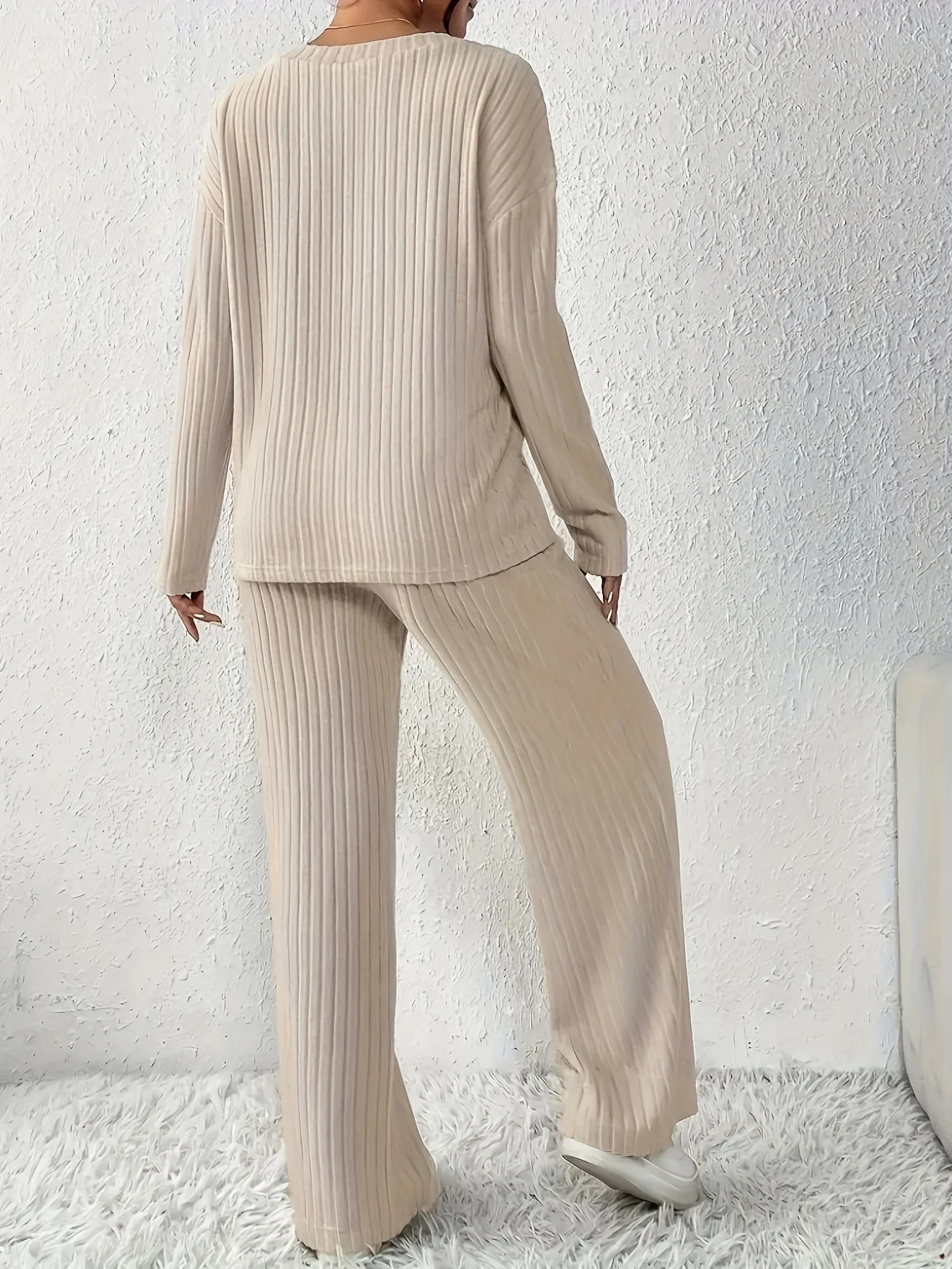 Women Pajamas Set Autumn Winter Sleepwear Vneck Ribbed Knit Tops and Trousers 2 Pieces Outfits Homewear Casual Loungewear 251231