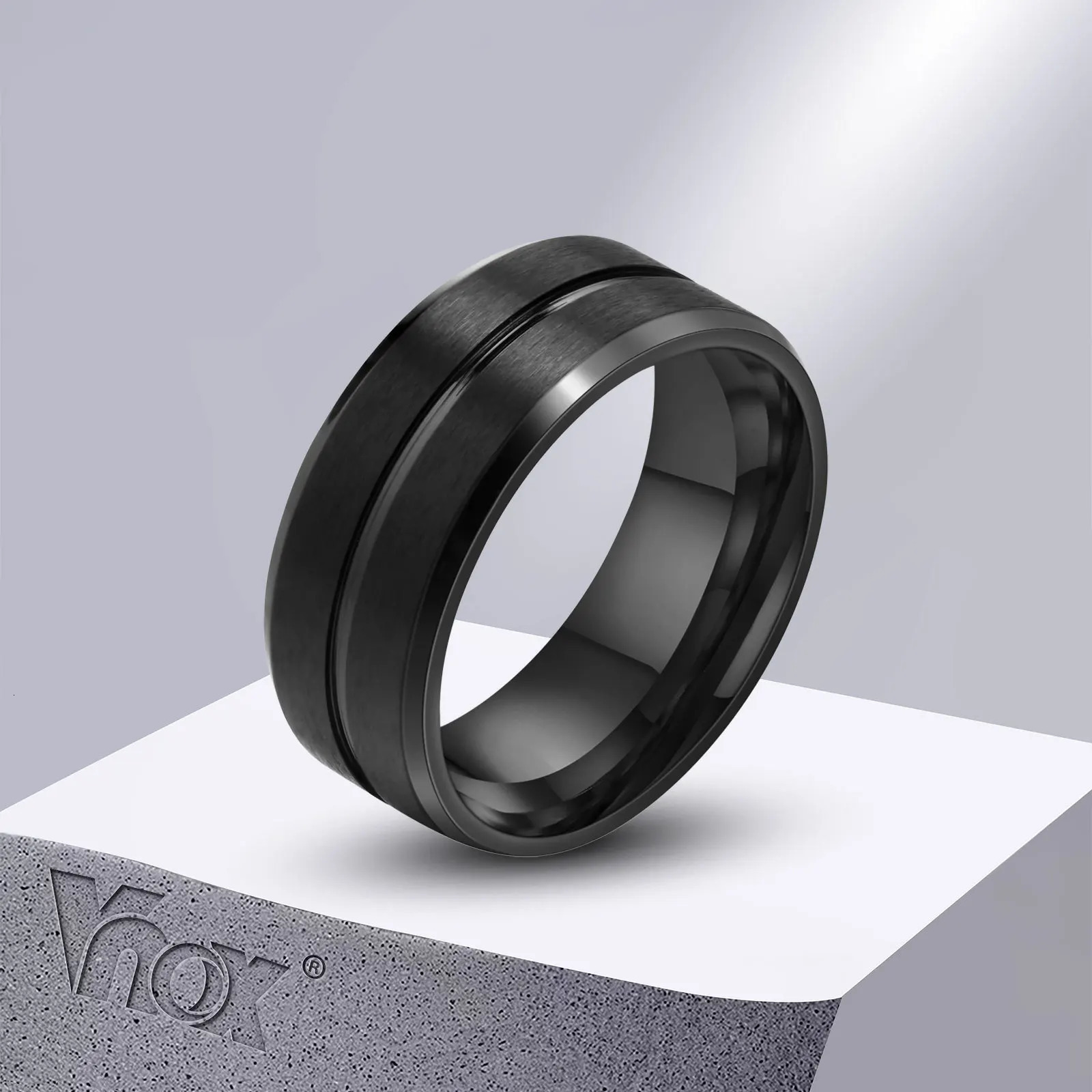 Vnox 8mm Black Men Ring Black Grooved Stainless Steel Finger Band Basic Male Boy Wedding Rings Classic Jewelry 251230