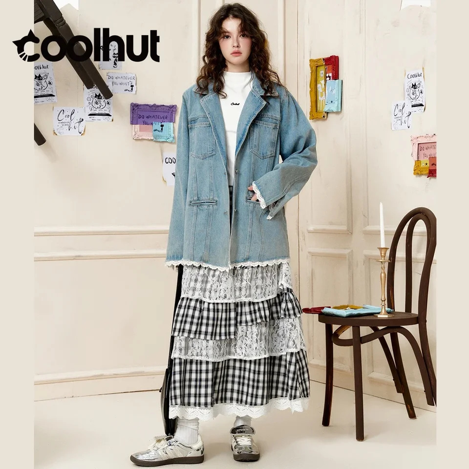 COOLHUT Lace Trim Patchwork Oversized Pocket Fall Womens Denim Jacket Autumn MidLength American Casual Vintage Outerwear 251231